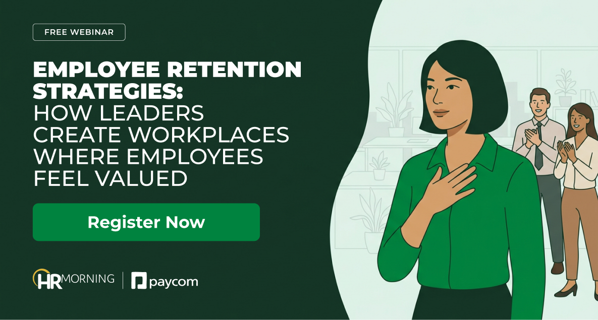 Employee with hand to chest as her manager and team applaud, for a webinar on employee retention strategies.