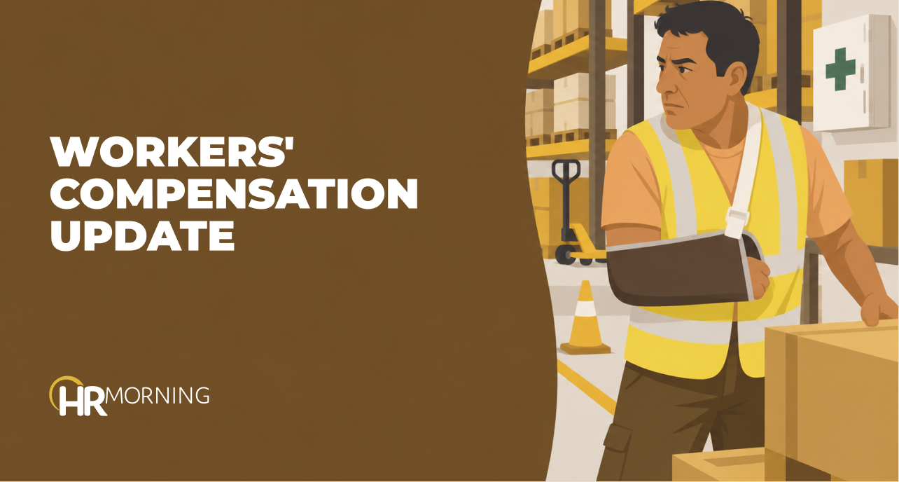 Warehouse worker in a high-vis vest with his arm in a sling on the job floor, illustrating a workers' compensation update