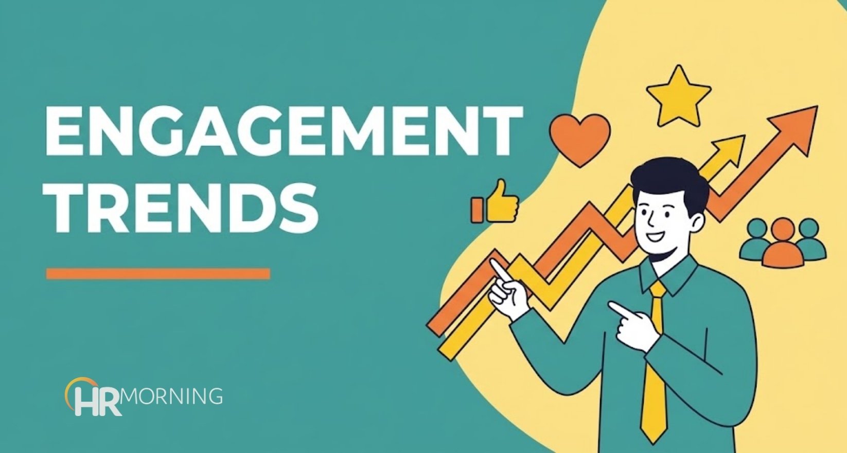 Employee engagement trends illustration of a manager pointing to a rising trend line with heart and star icons