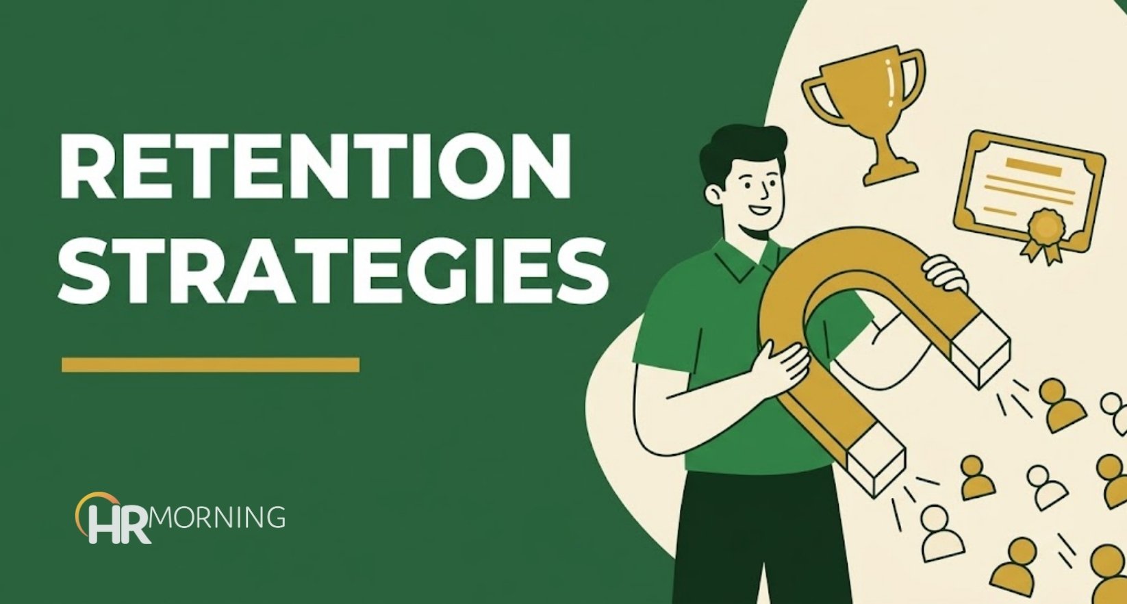 Employee retention strategies illustration of a magnet holding employee icons beside a trophy and thumbs-up