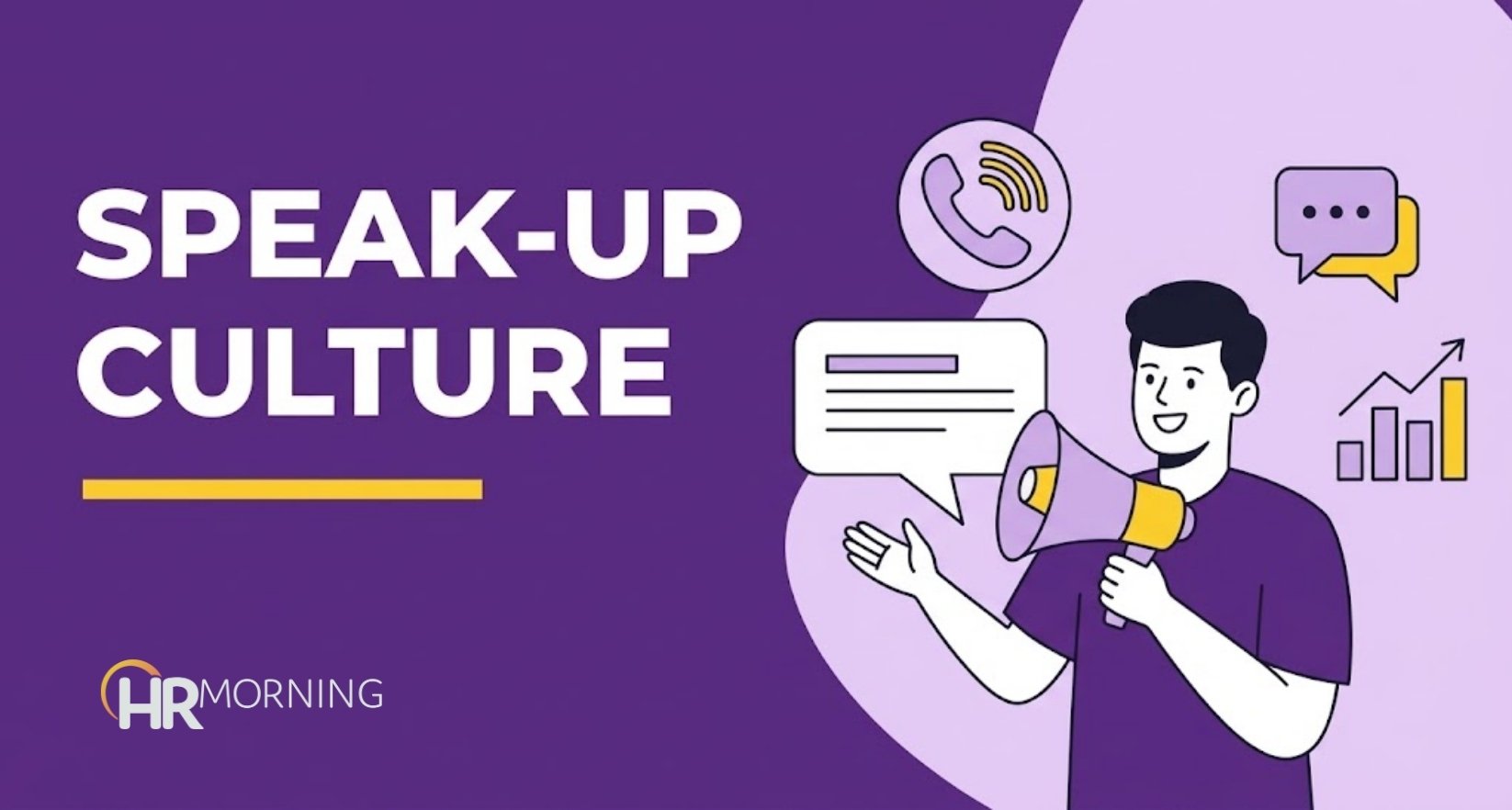 Speak-up culture illustration of an employee with a megaphone surrounded by hotline, chat and chart icons