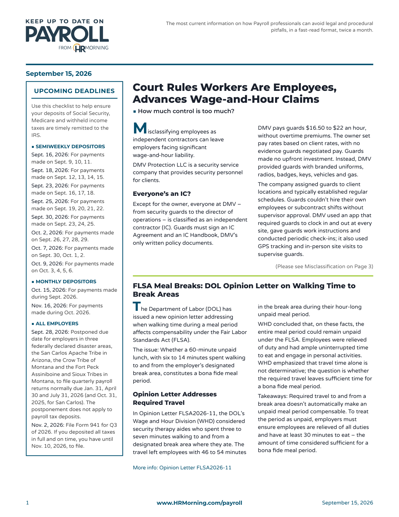 Front page of Keep Up to Date on Payroll, Sept. 15, 2026, with the lead story "Court Rules Workers Are Employees, Advances Wage-and-Hour Claims" and a deadlines column.