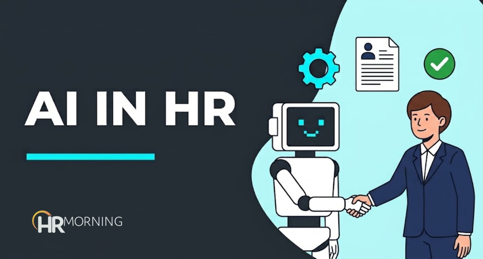 AI in HR illustration of an HR professional shaking hands with a friendly robot beside gear and resume icons