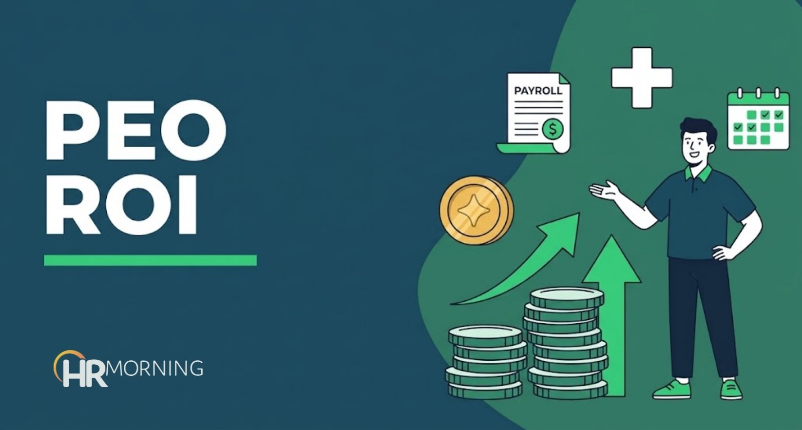 PEO ROI illustration of a small business owner beside a growing coin stack, upward arrow and payroll icons
