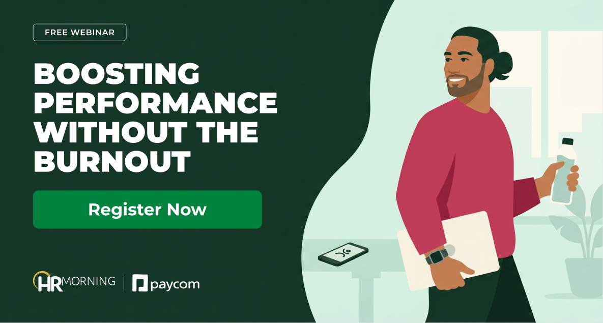 Illustration of a smiling professional striding with a laptop and water bottle, for a webinar on boosting performance without burnout