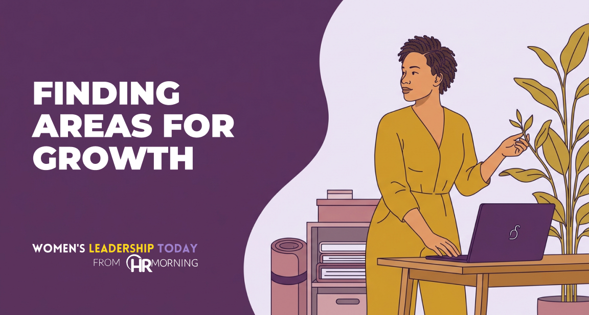 Illustration of a woman inspecting a new shoot on a tall plant beside her laptop in a home-work corner, finding areas for growth.