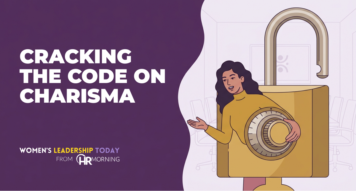Illustration of a woman turning the dial on a large combination padlock while gesturing warmly, cracking the code on charisma.