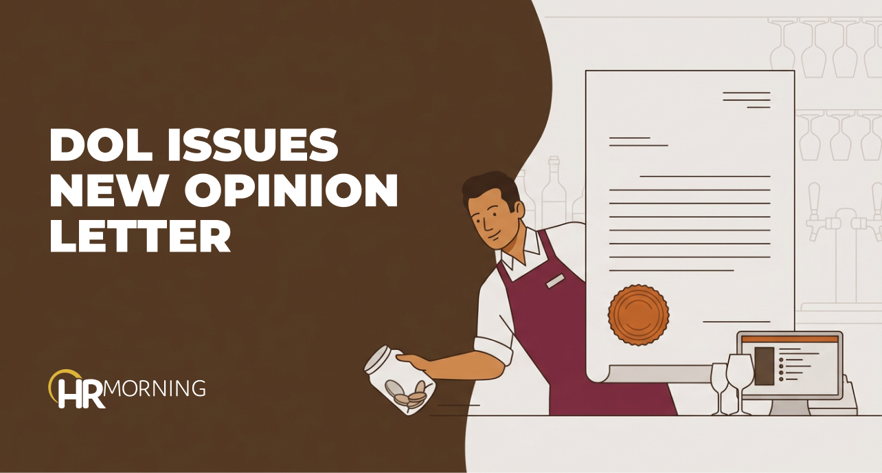 Bar supervisor reaches for a tip jar beside a large sealed DOL opinion letter — new limits on restaurant tip-pooling rules.