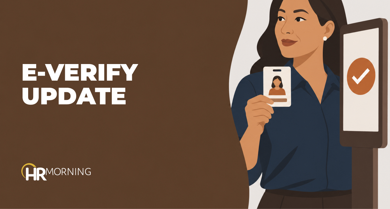 Illustration of an HR compliance lead checking a work authorization card against a status screen during E-Verify reverification