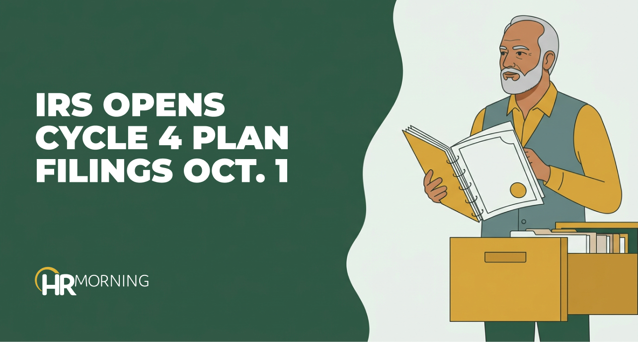 Benefits manager opens a ring-bound retirement plan document by a filing drawer — IRS Cycle 4 pre-approved plan filings.
