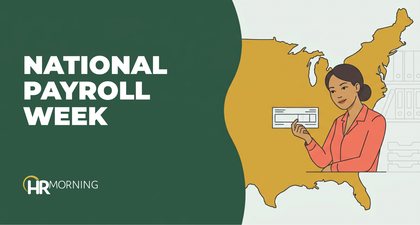 Payroll professional holding a paycheck in front of a large US map, marking National Payroll Week 2026