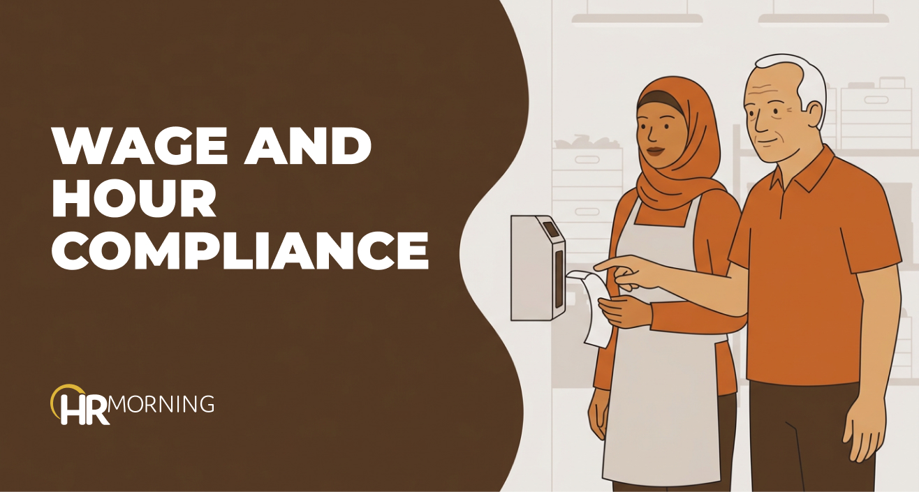 Illustration of a grocery crew member and her manager at a time clock reviewing a timecard, wage and hour compliance.