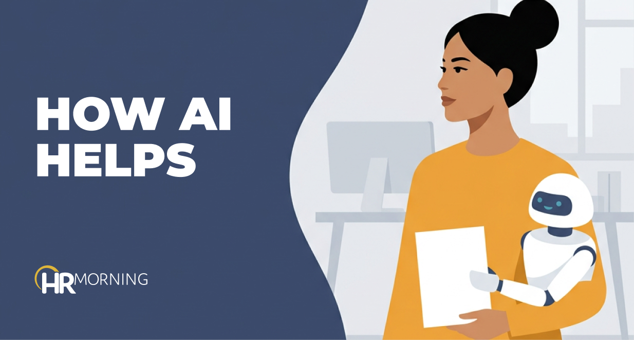 Illustration of an employee taking a page from a friendly robot assistant, showing how AI helps employees with the right skills