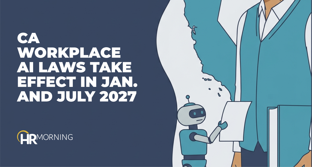 HR leader reviews a printout from a small robot beside a California map and law book, illustrating California workplace AI laws