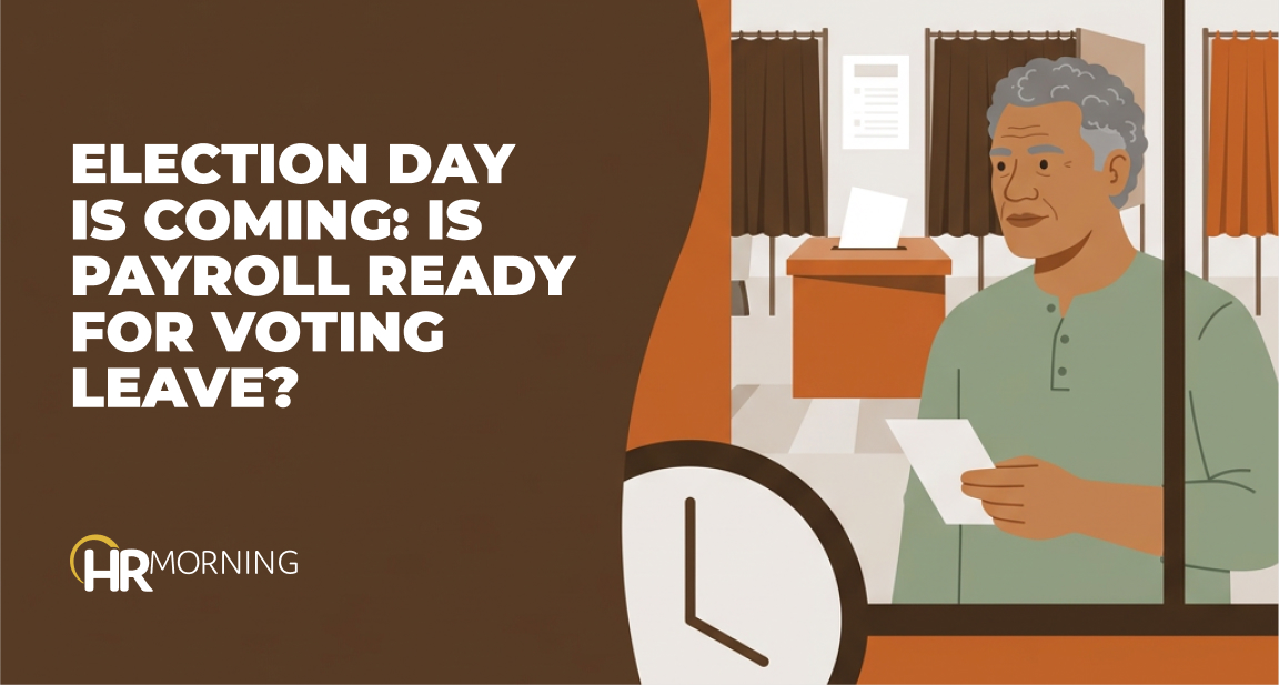 Illustration of a payroll lead holding a timecard by a wall clock, with voting booths and a ballot box behind, for Election Day voting leave