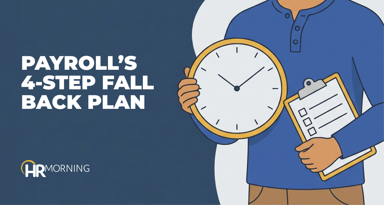 Payroll lead holds a large clock and a checklist clipboard, illustrating payroll planning for the daylight saving time fall back