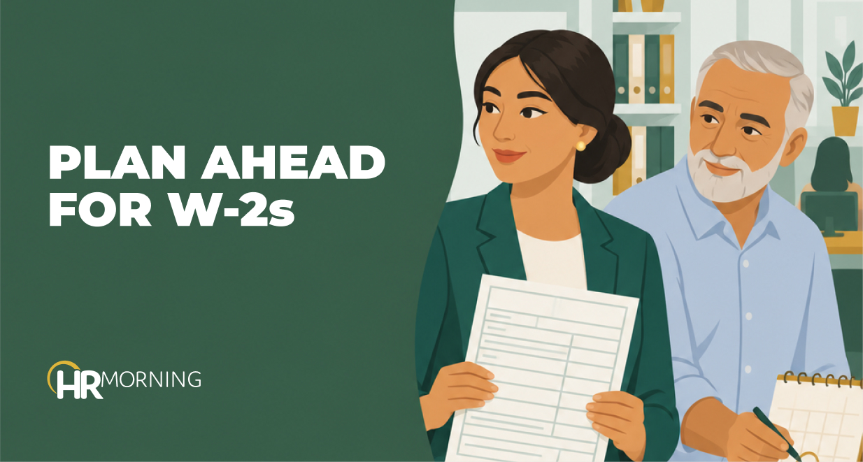 Illustration of two payroll staff planning, one holding a blank W-2 form and one marking a calendar, for W-2 deadline and overtime and tip reporting