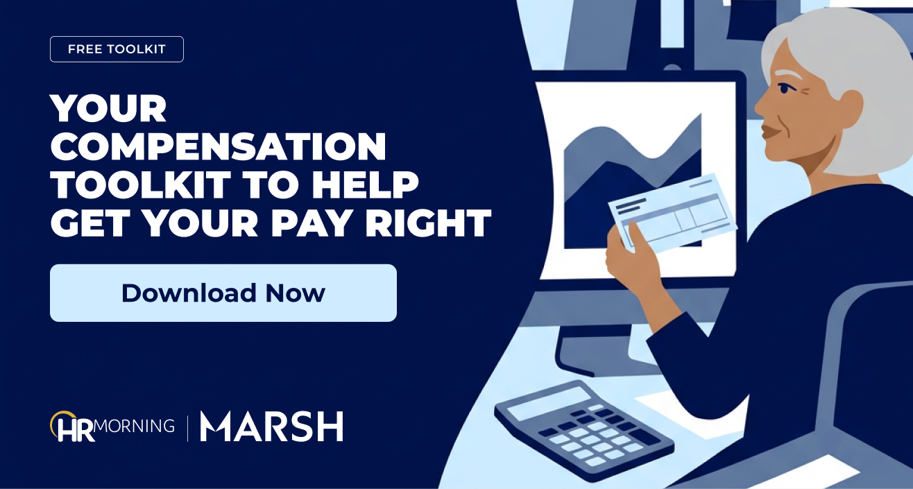 Compensation analyst holding a pay slip up to a market chart beside salary surveys and a calculator, a pay toolkit