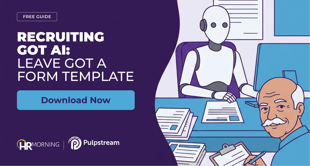 Illustration of a robot at a recruiting desk while a leave administrator fills out a paper form, for a guide on AI in leave management