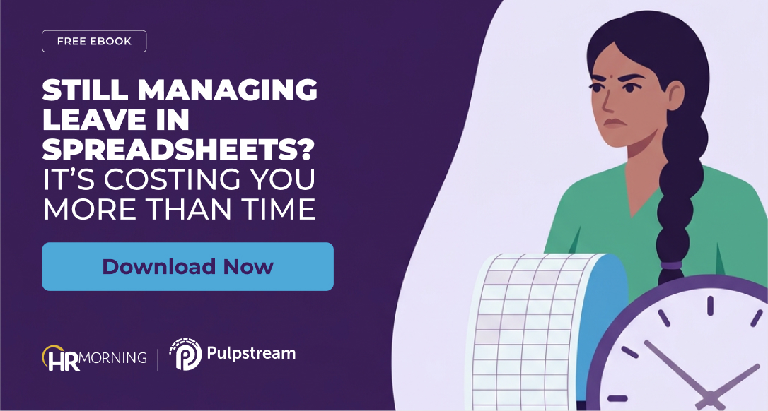 Illustration of a frustrated HR coordinator beside a long printed spreadsheet and a clock, for an ebook on digitizing leave management