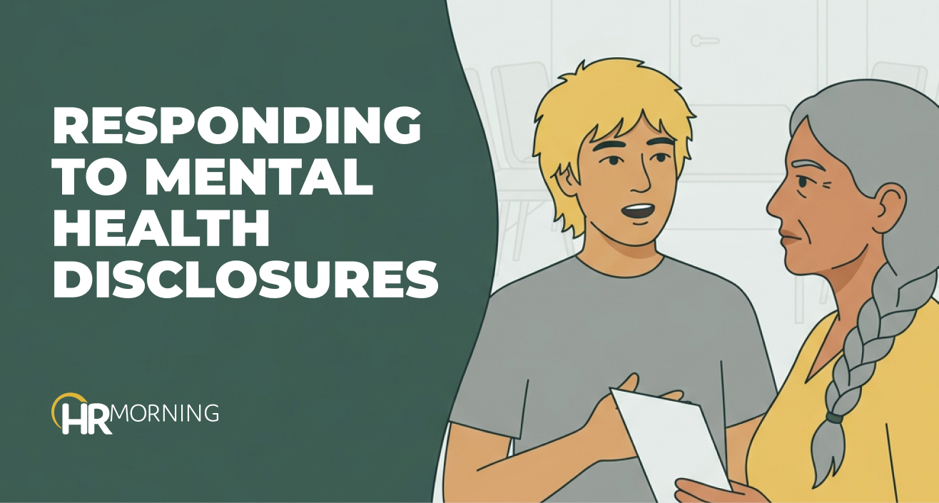 Illustration of an employee speaking as a manager listens and offers a resource, responding to mental health disclosures.