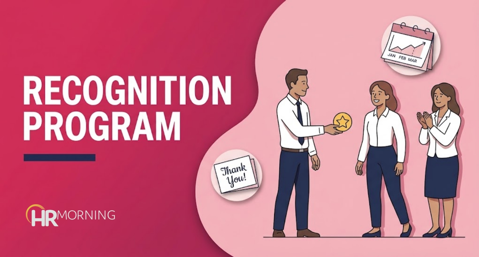 Employee recognition program illustration of a manager giving a star badge to an employee as a peer applauds