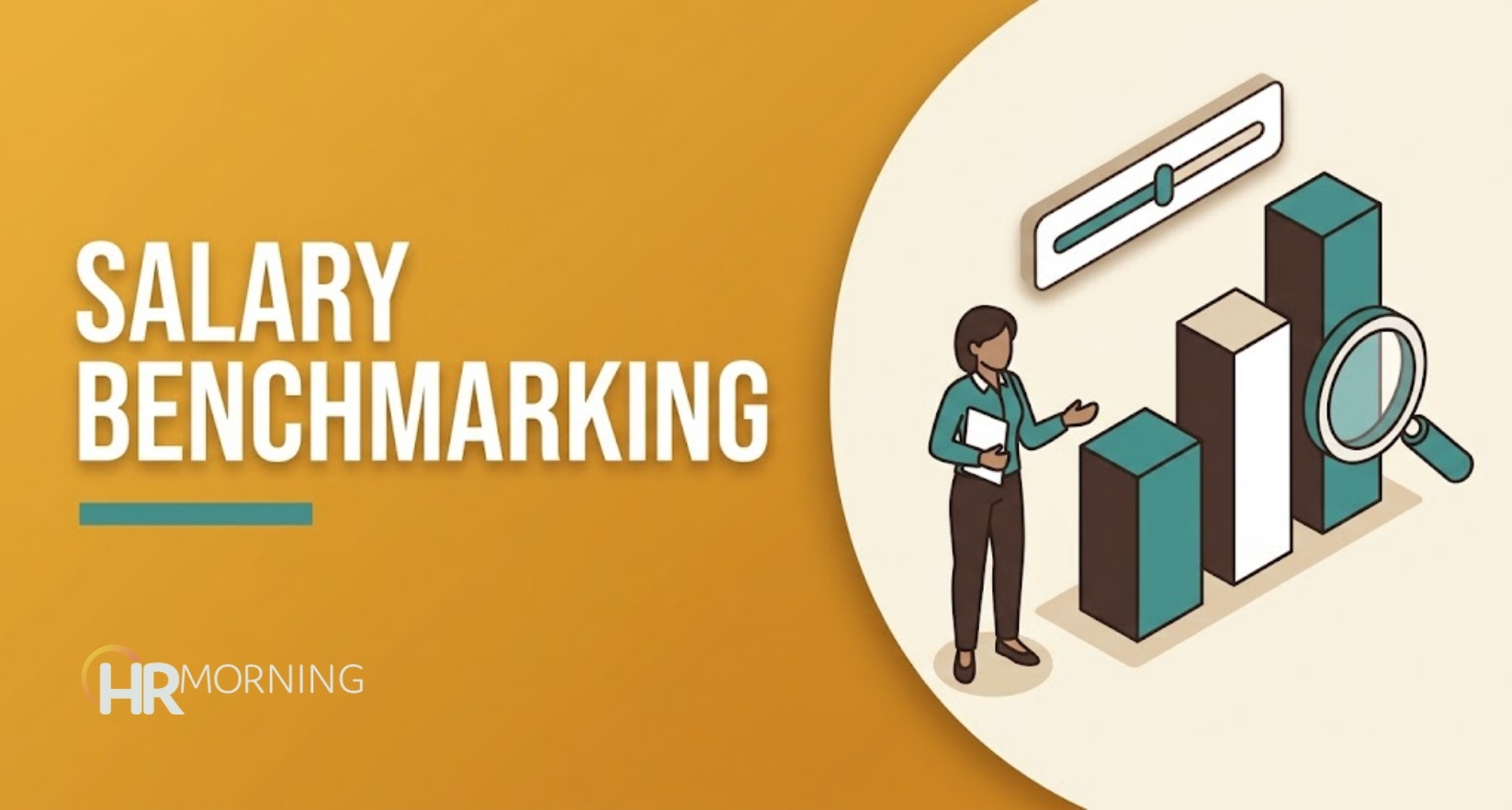 Salary benchmarking illustration of an analyst comparing an isometric bar chart and pay range slider