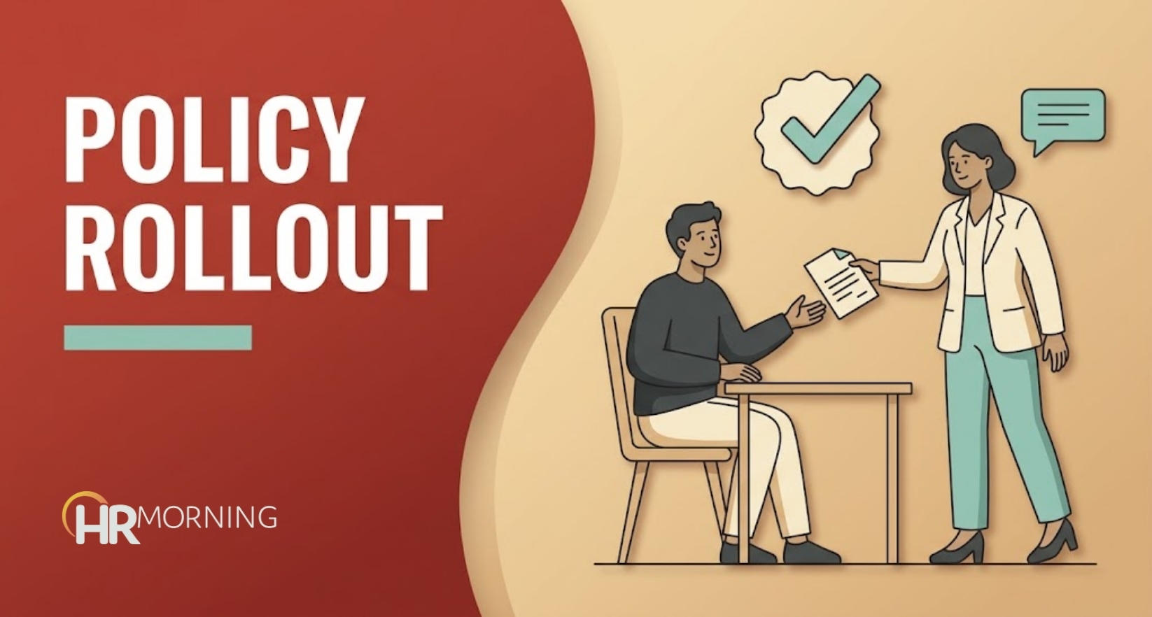 Policy rollout illustration of an HR professional handing an updated policy document to an employee