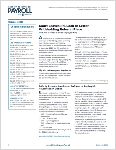 Front page of Keep Up to Date on Payroll, Oct. 1, 2026, with the lead story "Court Leaves IRS Lock-In Letter Withholding Rules in Place" and a deadlines column.