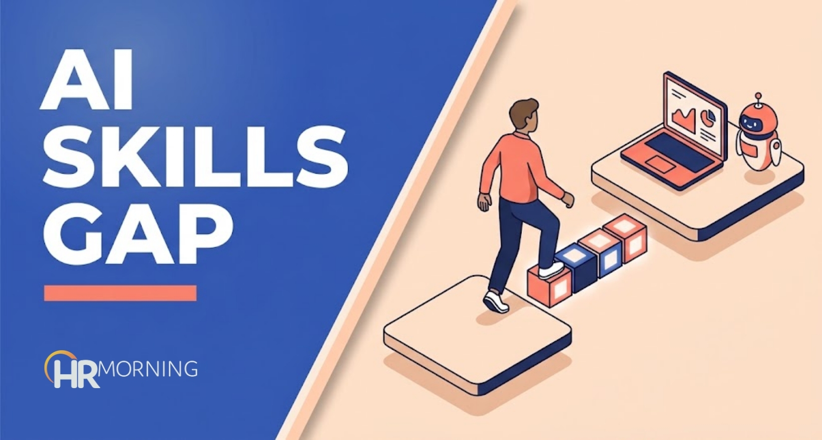 AI skills gap illustration of an employee crossing a bridge between two isometric platforms