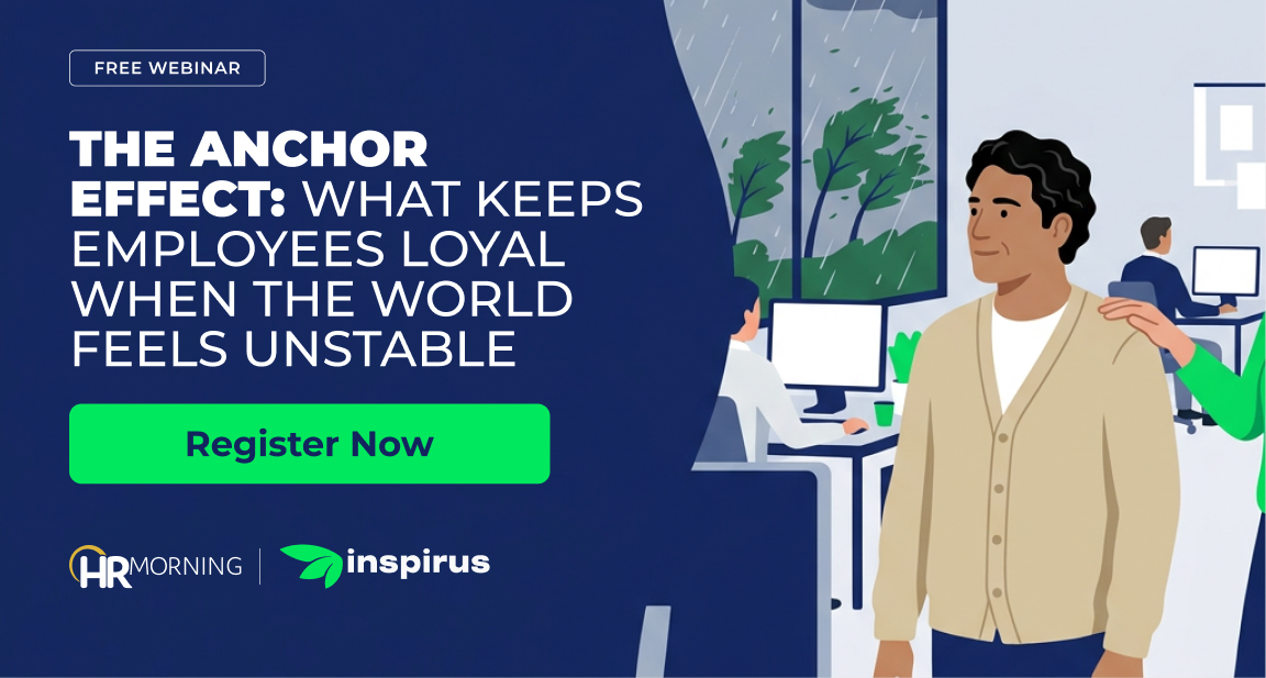 Calm employee with a coworker's hand on his shoulder as a storm bends trees outside the office window: employee loyalty webinar
