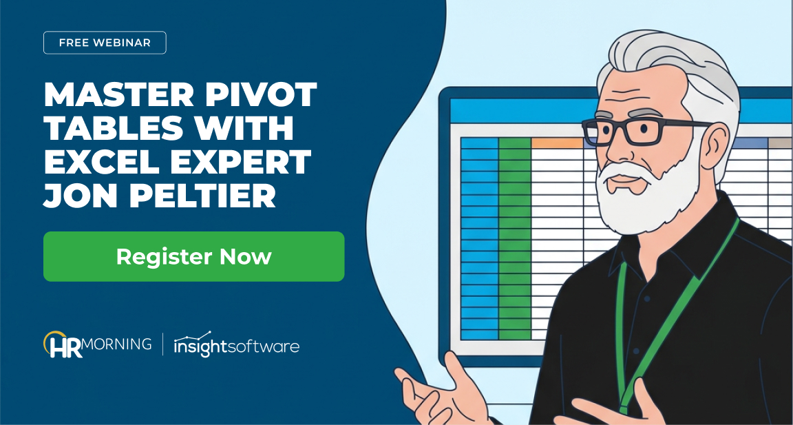 Illustration of Excel expert Jon Peltier teaching in front of a spreadsheet with colored columns: master pivot tables webinar