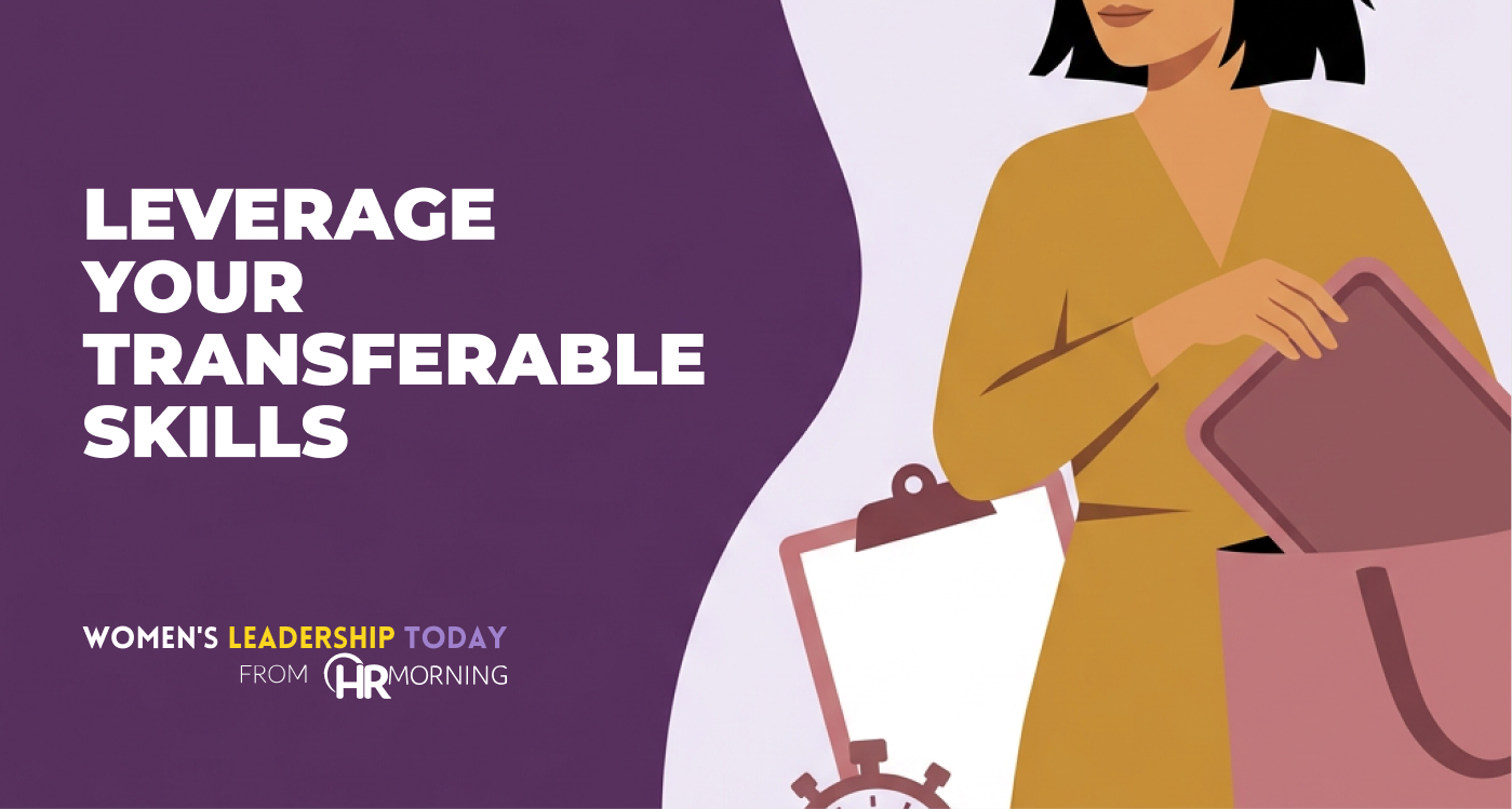 Flat illustration of a woman lifting a serving tray from a tote of everyday tools, showing transferable skills at work.