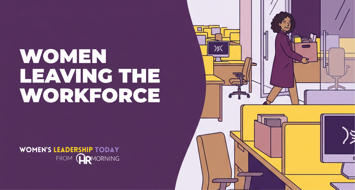 Flat illustration of a woman carrying a packed desk box out of an emptying office, on women leaving the workforce.