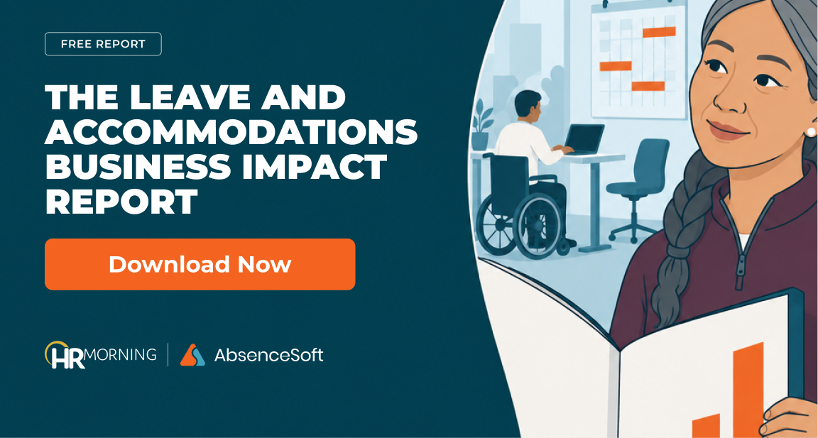 HR leader holding an open report with rising bars, a coworker in a wheelchair at a desk behind: leave and accommodations report