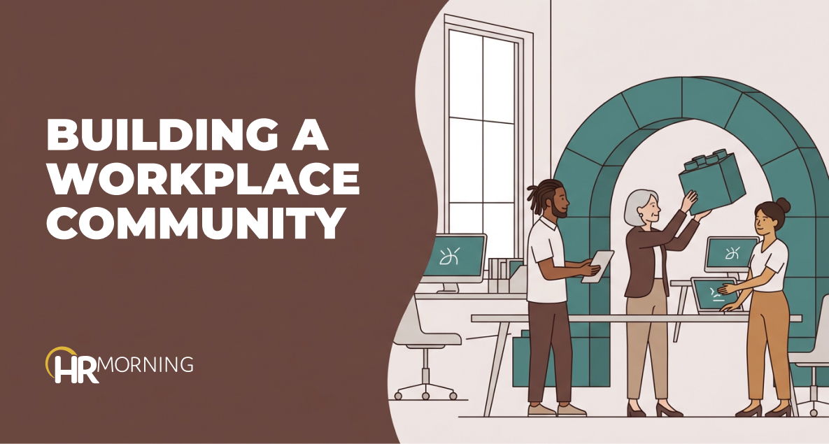 Illustration of colleagues in an open-plan office fitting interlocking blocks into an arch, building a workplace community.