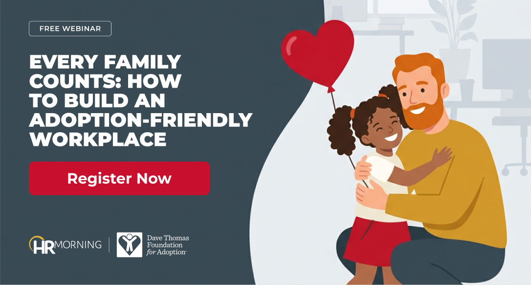 Father hugs his adopted daughter holding a heart balloon, illustrating an adoption-friendly workplace webinar