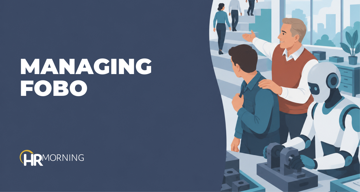 Illustration of an HR manager guiding an anxious employee toward a rising staircase beside an AI robot, managing FOBO at work