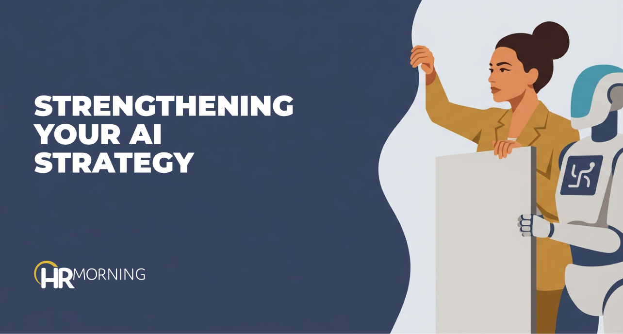 HR leader and a robot assistant draw together on one shared plan board — HR's role in building an AI strategy.