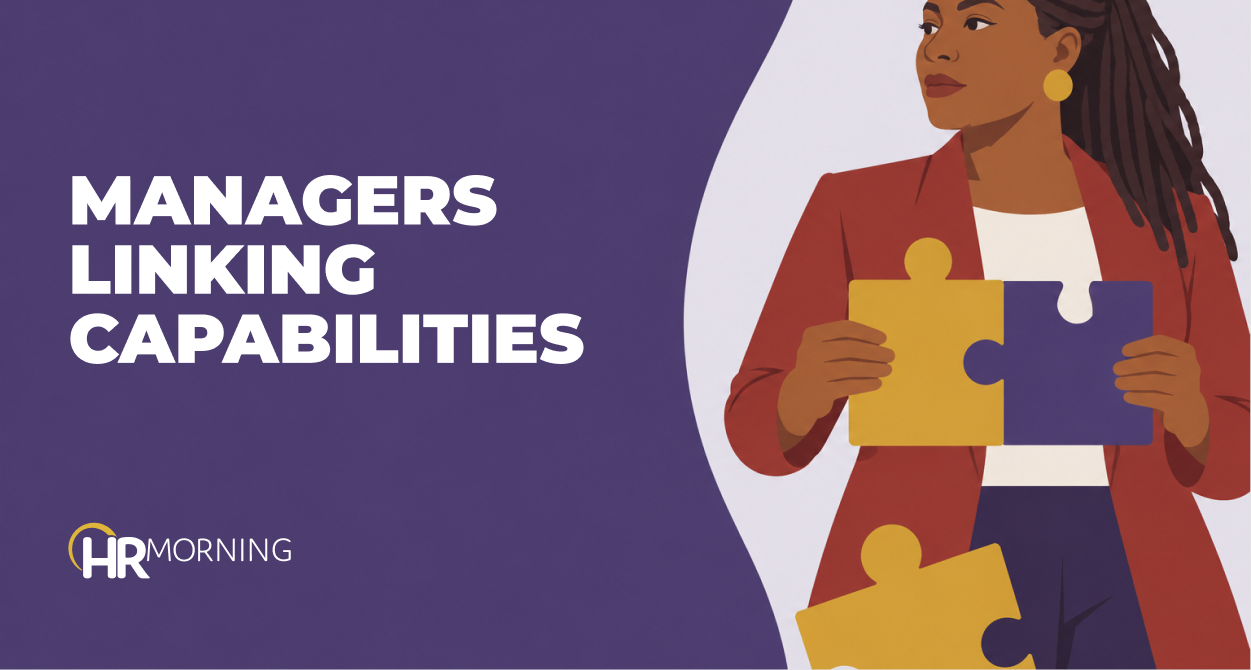 Illustrated manager joining two large puzzle pieces, representing linking employee skills to workforce capability