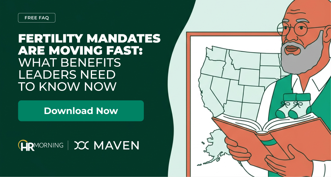 Benefits leader reads a statute book topped with baby booties beside a US state map, illustrating state fertility mandates