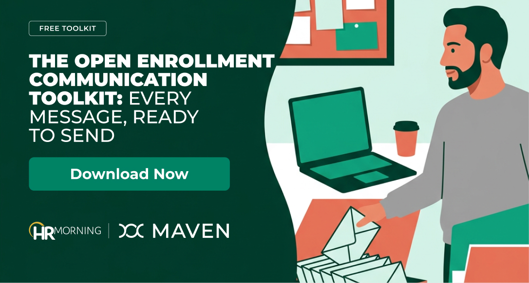 HR professional drops sealed envelopes into an outbox at a desk, illustrating ready-to-send open enrollment communications
