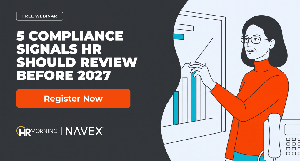 HR leader traces a bar chart of compliance signals beside a desk phone โ reviewing workplace data to set HR priorities for 2027