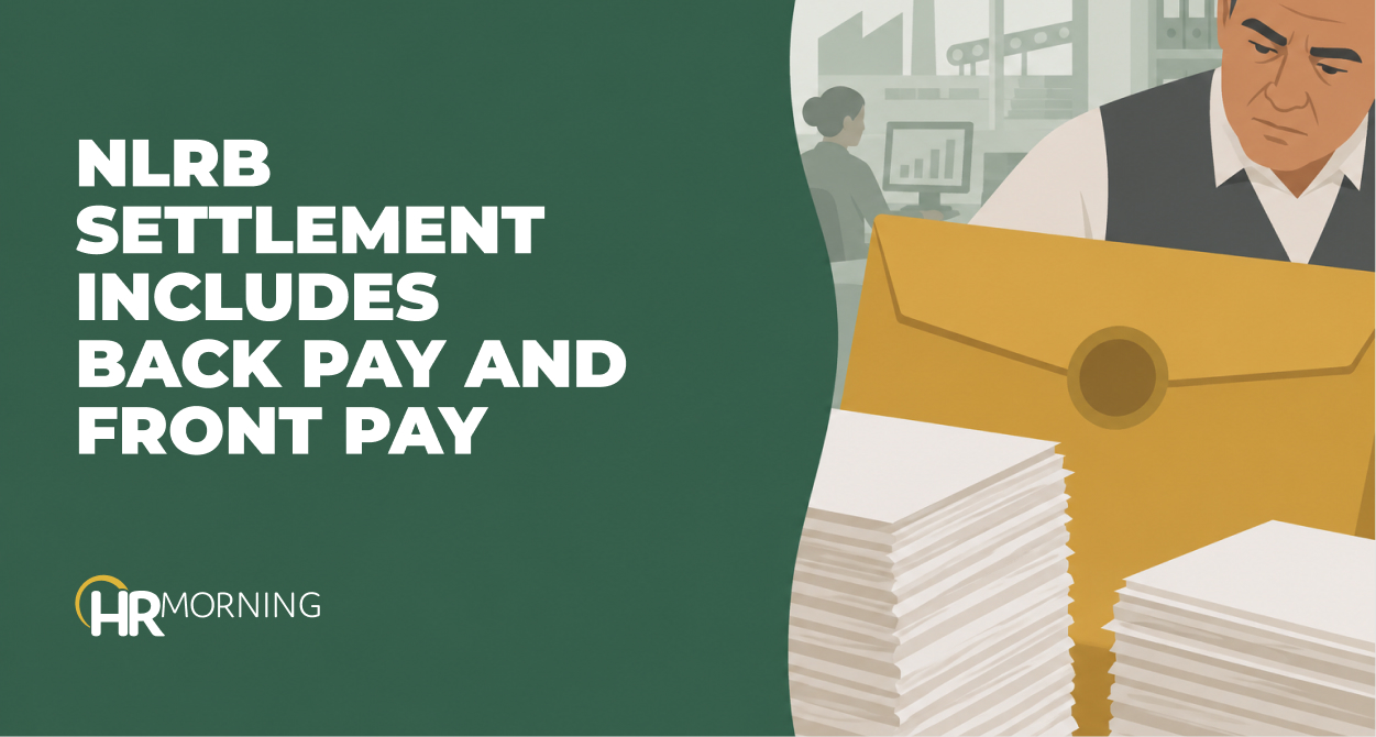 Payroll lead with a sealed official envelope and two stacks of pay slips, illustrating an NLRB back pay settlement
