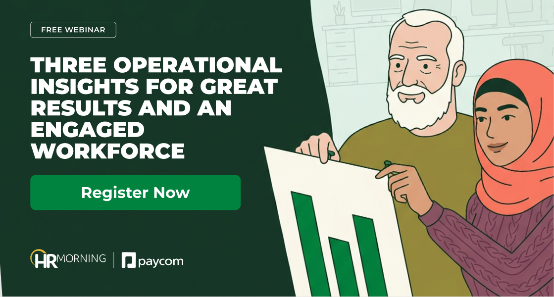 Illustration of two coworkers pinning up a rising bar chart, Paycom webinar on operational insights and an engaged workforce